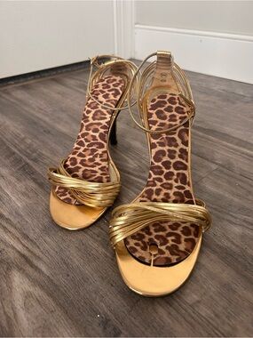 Chinese Laundry Gold Strappy High Heel Sandals with Leopard Insole
